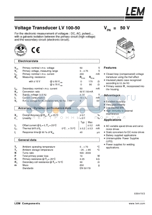 LV100-50 datasheet - Voltage Transducer