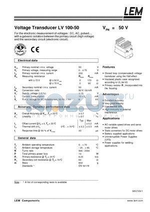 LV100-50 datasheet - Voltage Transducer LV 100-50