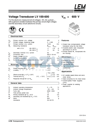 LV100-600 datasheet - Voltage Transducer