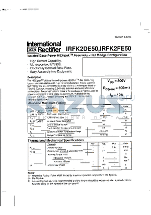 IRFK2DE50 datasheet - ISOLATED BASE POWER HEX-PAK ASSEMBLY - HALF BRIDGE CONFIGURATION