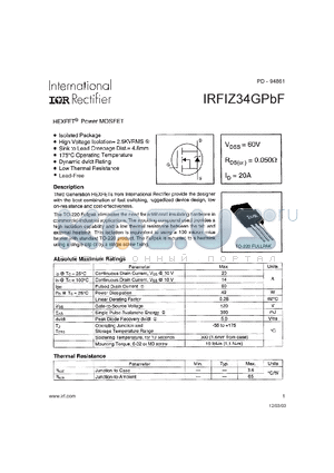 IRFIZ34GPBF datasheet - HEXFET^ Power MOSFET