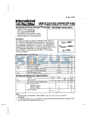 IRFK2K150 datasheet - ISOLATED BASE POWER HEX PAK ASSEMBLY HALF BRIDGE CONFIGURATION