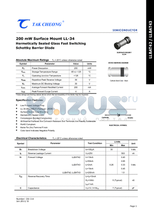 LLBAT42_11 datasheet - 200 mW Surface Mount LL-34 Hermetically Sealed Glass Fast Switching Schottky Barrier Diode