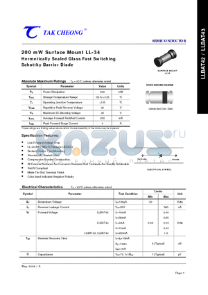 LLBAT43 datasheet - 200 mW Surface Mount LL-34 Hermetically Sealed Glass Fast Switching Schottky Barrier Diode