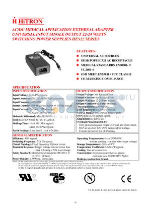 HES22-210115 datasheet - AC/DC MEDICAL APPLICATION EXTERNAL ADAPTER UNIVERSAL INPUT SINGLE OUTPUT 22-24 WATTS SWITCHING POWER SUPPLIES