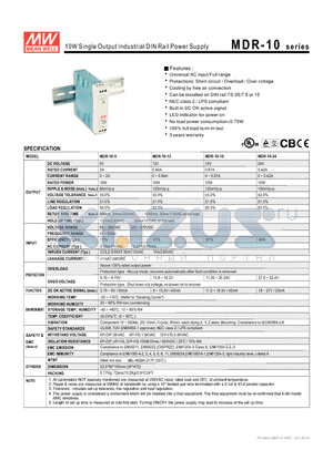 MDR-10-5 datasheet - 10W Single Output Industrial DIN Rail Power Supply