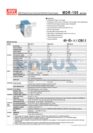 MDR-100 datasheet - 96W Single Output Industrial DIN Rail Power Supply