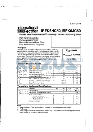 IRFK6JC50 datasheet - ISOLATED BASE POWER HEX PAK ASSEMBLY PARALLEL CHIP CONFIGURATION