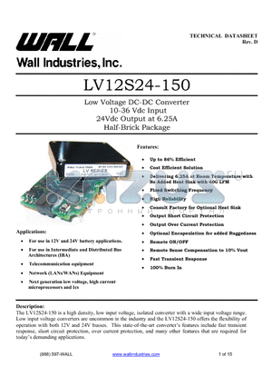 LV12S24-150 datasheet - Low Voltage DC-DC Converter 10-36 Vdc Input 24Vdc Output at 6.25A Half-Brick Package