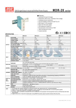 MDR-20-15 datasheet - 20W Single Output Industrial DIN Rail Power Supply