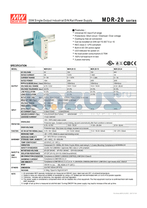 MDR-20-24 datasheet - 20W Single Output Industrial DIN Rail Power Supply