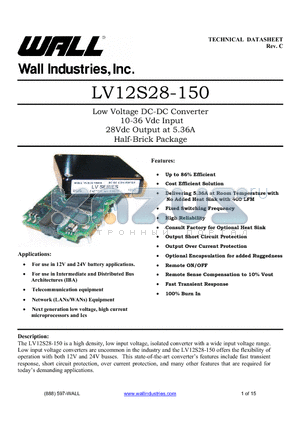 LV12S28-150 datasheet - Low Voltage DC-DC Converter 10-36 Vdc Input 28Vdc Output at 5.36A Half-Brick Package