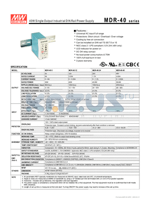 MDR-40-12 datasheet - 40W Single Output Industrial DIN Rail Power Supply