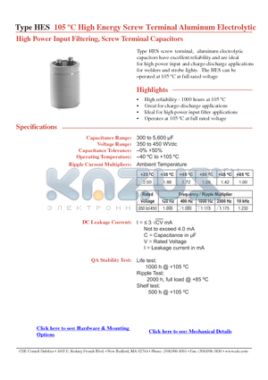 HES352G400X4L datasheet - Type HES 105 jC High Energy Screw Terminal Aluminum Electrolytic