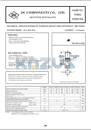 HSM101 datasheet - TECHNICAL SPECIFICATIONS OF SURFACE MOUNT HIGH EFFICIENCY RECTIFIER
