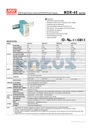 MDR-40-5 datasheet - 40W Single Output Industrial DIN Rail Power Supply