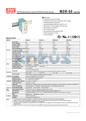 MDR-60-12 datasheet - 60W Single Output Industrial DIN Rail Power Supply