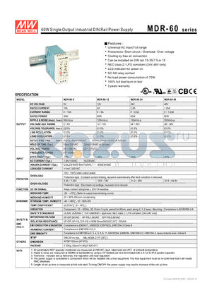 MDR-60 datasheet - 60W Single Output Industrial DIN Rail Power Supply