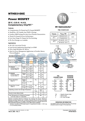 NTHD3100CT1 datasheet - Power MOSFET 20 V, 3.9 A /−4.4 A, Complementary ChipFET