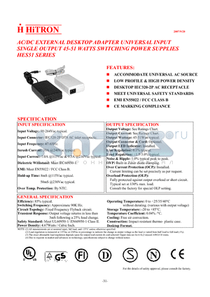 HES51-19630 datasheet - AC/DC EXTERNAL DESKTOP ADAPTER UNIVERSAL INPUT SINGLE OUTPUT 45-51 WATTS SWITCHING POWER SUPPLIES