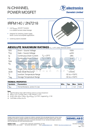 IRFM140 datasheet - N-CHANNEL POWER MOSFET