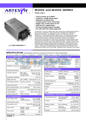 M4000-86-0 datasheet - Single output 3000 and 4000 Watt AC/DC high current power supplies with PFC