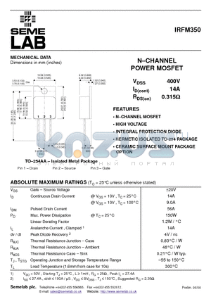 IRFM350 datasheet - N-CHANNEL POWER MOSFET