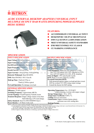 HES61-22 datasheet - AC/DC EXTERNAL DESKTOP ADAPTER UNIVERSAL INPUT MULTIPLE OUTPUT 50-60 WATTS SWITCHING POWER SUPPLIES