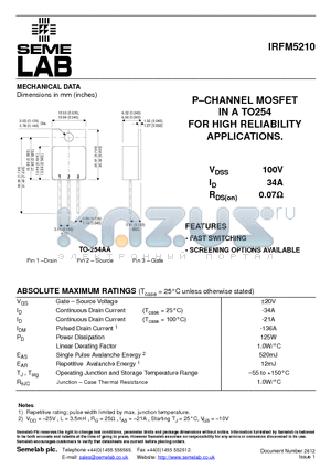 IRFM5210 datasheet - P-CHANNEL MOSFET