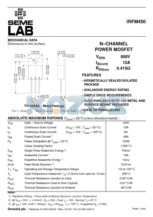 IRFM450 datasheet - N-CHANNEL POWER MOSFET