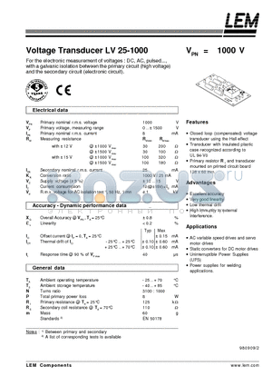 LV25-1000 datasheet - Voltage Transducer LV 25-1000