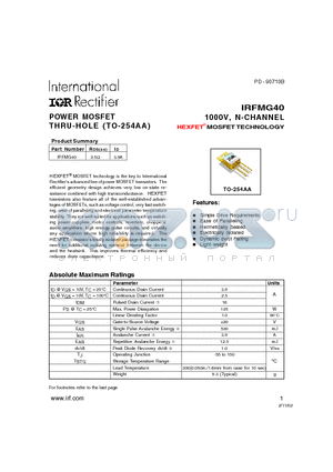 IRFMG40 datasheet - POWER MOSFET THRU-HOLE 1000V, N-CHANNEL