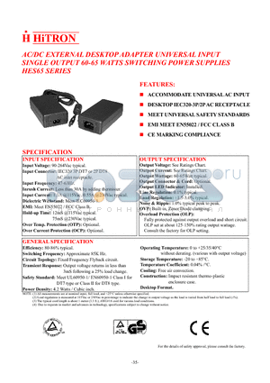 HES65-240290-8 datasheet - AC/DC EXTERNAL DESKTOP ADAPTER UNIVERSAL INPUT SINGLE OUTPUT 60-65 WATTS SWITCHING POWER SUPPLIES