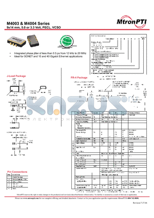 M400310B1PJ-R datasheet - 9x14 mm, 5.0 or 3.3 Volt, PECL, VCSO