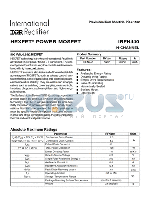 IRFN440 datasheet - POWER MOSFET N-CHANNEL(BVdss=500V, Rds(on)=0.85ohm, Id=8.0A)