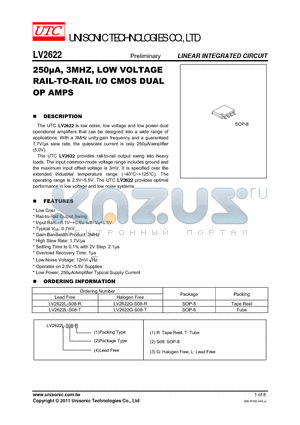 LV2622G-S08-T datasheet - 250lA, 3MHZ, LOW VOLTAGE RAIL-TO-RAIL I/O CMOS DUAL OP AMPS