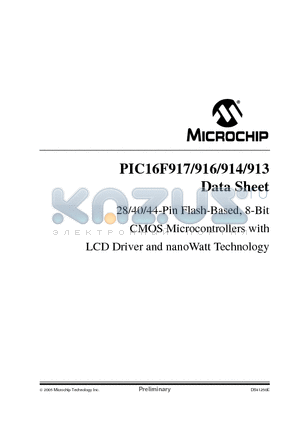 PIC16F913 datasheet - 28/40/44-Pin Flash-Based, 8-Bit CMOS Microcontrollers with LCD Driver and nanoWatt Technology
