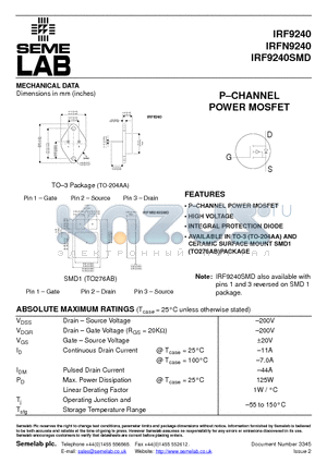 IRFN9240 datasheet - PCHANNEL POWER MOSFET