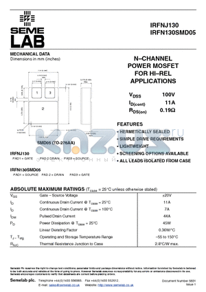 IRFNJ130N datasheet - NCHANNEL POWER MOSFET