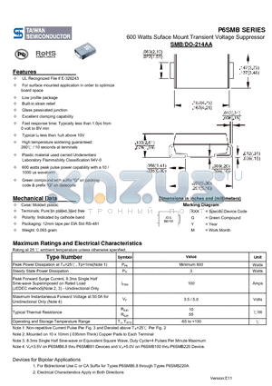P6SMB6.8 datasheet - 600 Watts Suface Mount Transient Voltage Suppressor