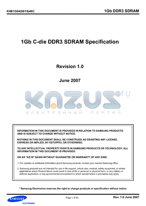 K4B1G0446C datasheet - 1Gb C-die DDR3 SDRAM Specification