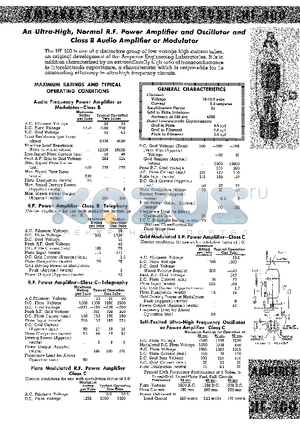 HF-100 datasheet - AN ULTRI-HIGH, NORMAL R.F. POWER AMPLIFIER AND OSCILLATOR AND CLASS B AUDIO AMPLIFIER OR MODULATOR