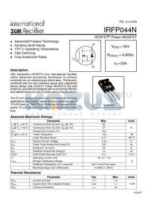 IRFP044N datasheet - Power MOSFET(Vdss=55V, Rds(on)=0.020ohm, Id=53A)
