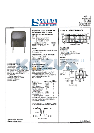 HF-112 datasheet - Wideband RF/Pulse Transformer 15-600 MHz