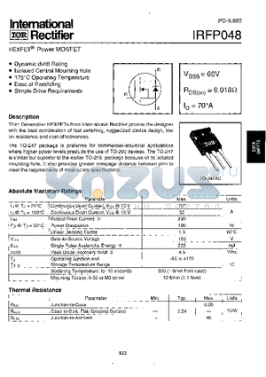 IRFP048 datasheet - Power MOSFET(Vdss=60V, Rds(on)=0.018ohm, Id=70A)