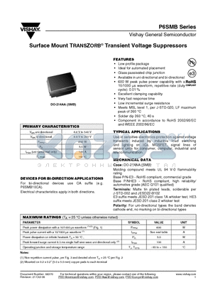 P6SMB6.8A-E3/52 datasheet - Surface Mount TRANSZORB^ Transient Voltage Suppressors