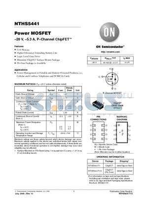 NTHS5441T1 datasheet - −20 V, −5.3 A, P−Channel ChipFET