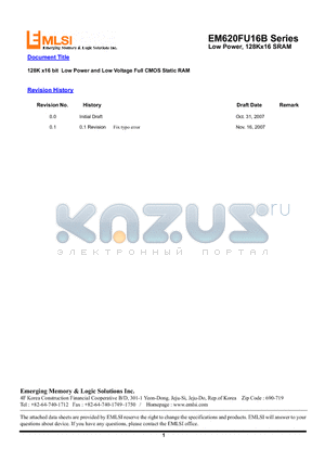 EM624FU16AV-10LL datasheet - 128K x16 bit Low Power and Low Voltage Full CMOS Static RAM