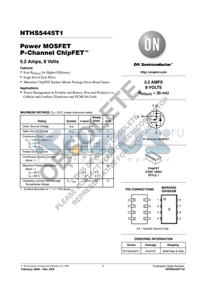 NTHS5445T1 datasheet - Power MOSFET P−Channel ChipFET-TM