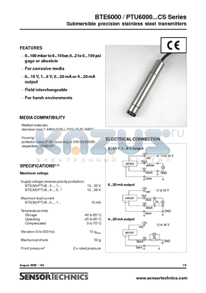 PTUM6250A0CXS datasheet - Submersible precision stainless steel transmitters